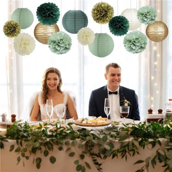 Sage Green Party Decorations Paper Lanterns Pom Poms Birthday Baby Shower Weddin - Picture 5 of 7